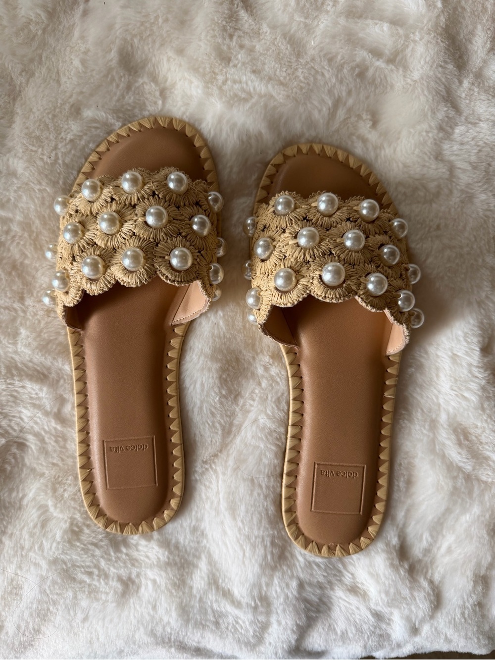 Dolce Vita Beige Woven Pearl Slide Sandals - Women size 8